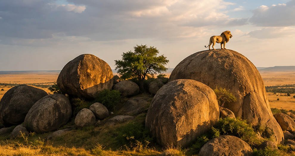 Granite kopjes rising above the Serengeti grassland