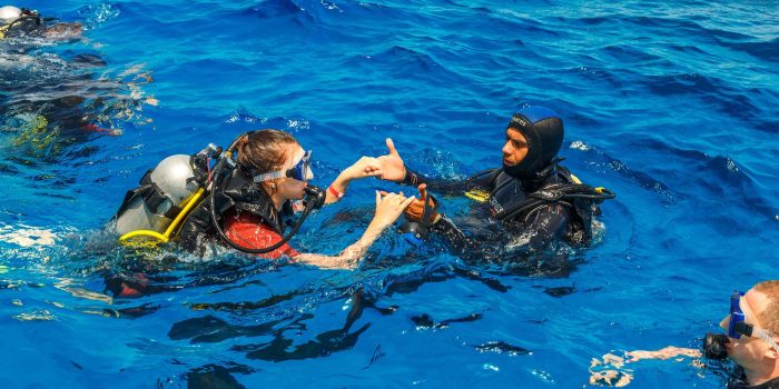 45145928 - hurghada, egypt - may 19, 2015: scuba diving lesson with trainee and instructor